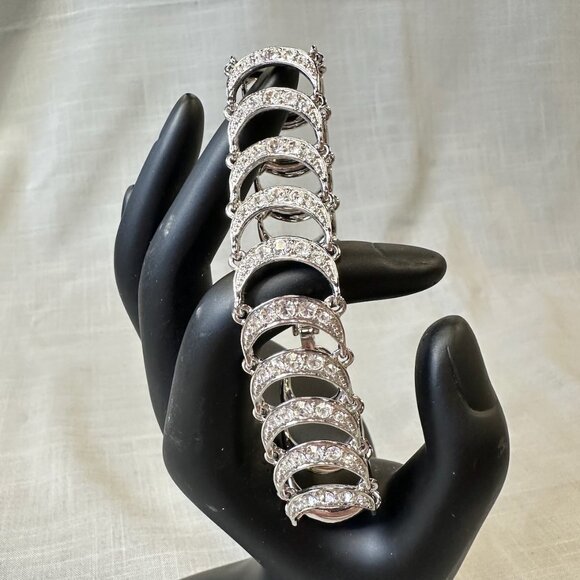 Vintage Monet Silver Tone Crescent Moon Rhinestone Bracelet - Picture 3 of 10